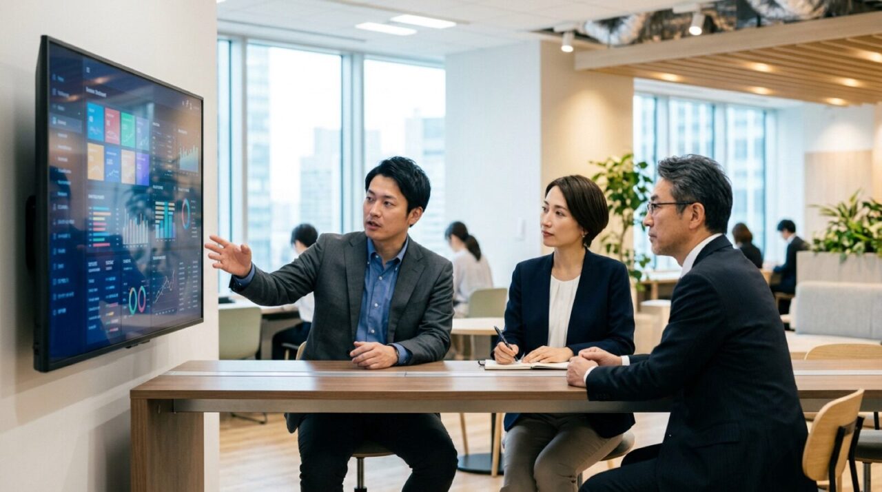 モニターの前で議論する開発チームの写真