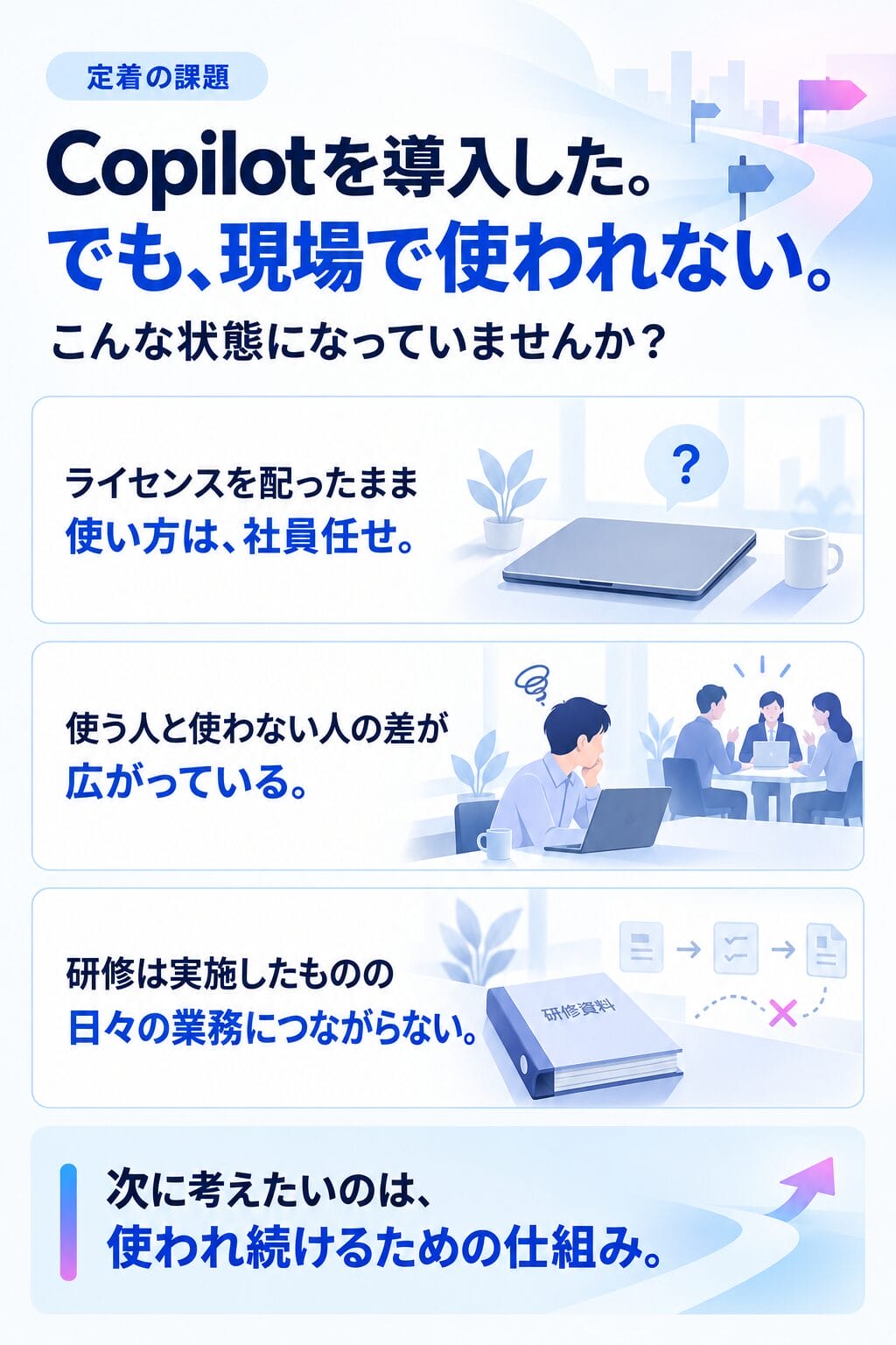 Copilotを導入した。でも現場で使われない。ライセンス配布後の定着の課題。